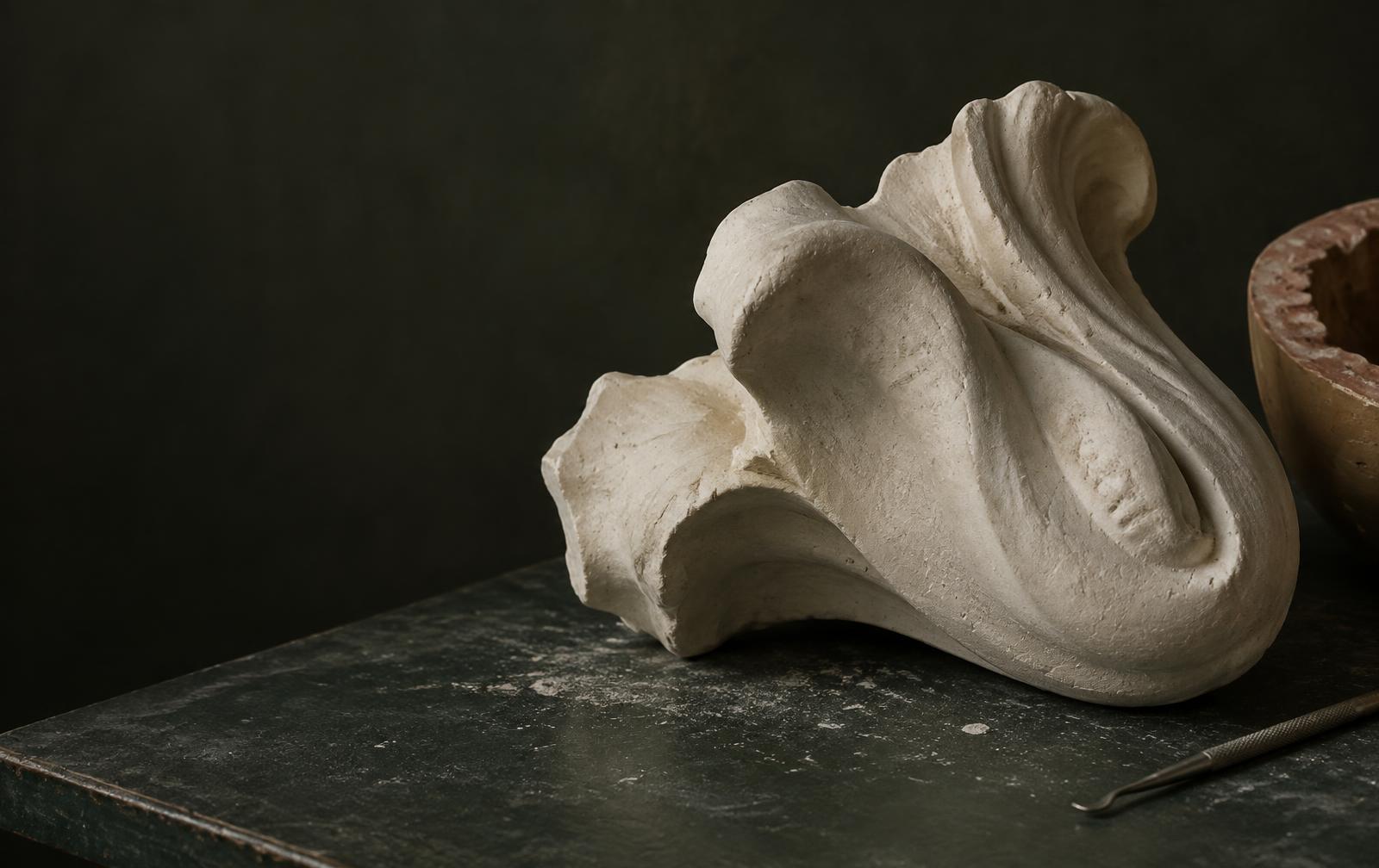 Detalle de una pieza escultórica en yeso sobre la mesa del taller